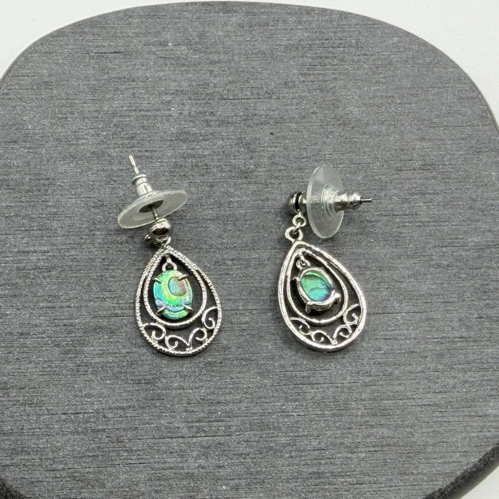 Abalone Shell Teardrop Dangle Earrings Silver Tone Scroll Drop Boho Jewelry